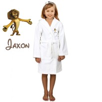 Brown Lion Cartoon Design & Custom Name Embroidery on Kids Hooded Bathrobe